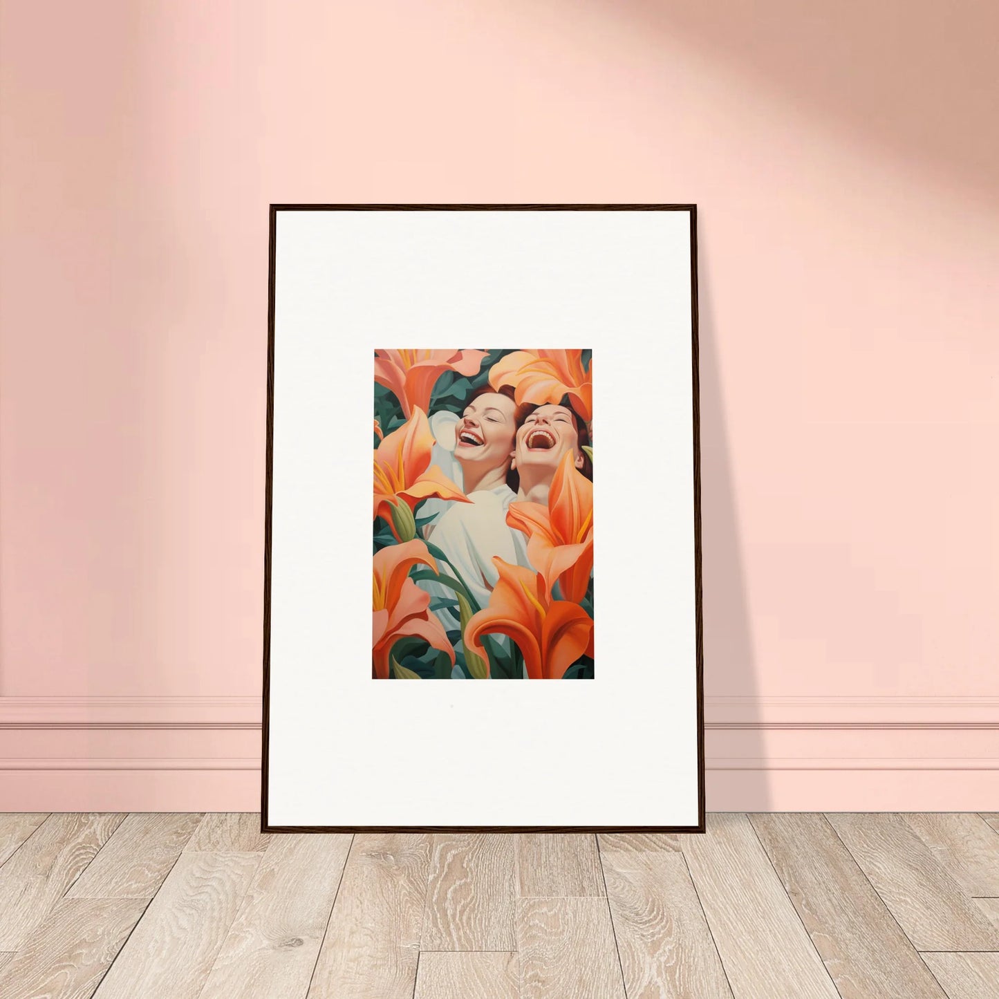 Framed canvas print of two figures among orange flowers - perfect wall art for room decoration