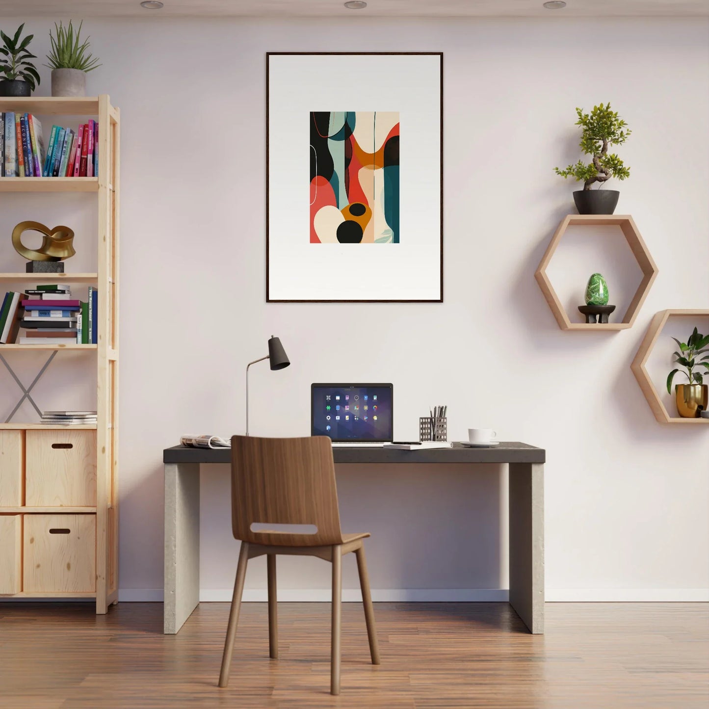 Modern home office with Troubadour Aria canvas print and stylish room decoration