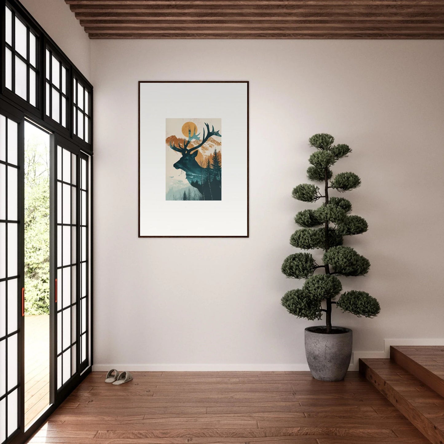 Framed canvas print of a deer-like figure with flowers for trendy room decoration