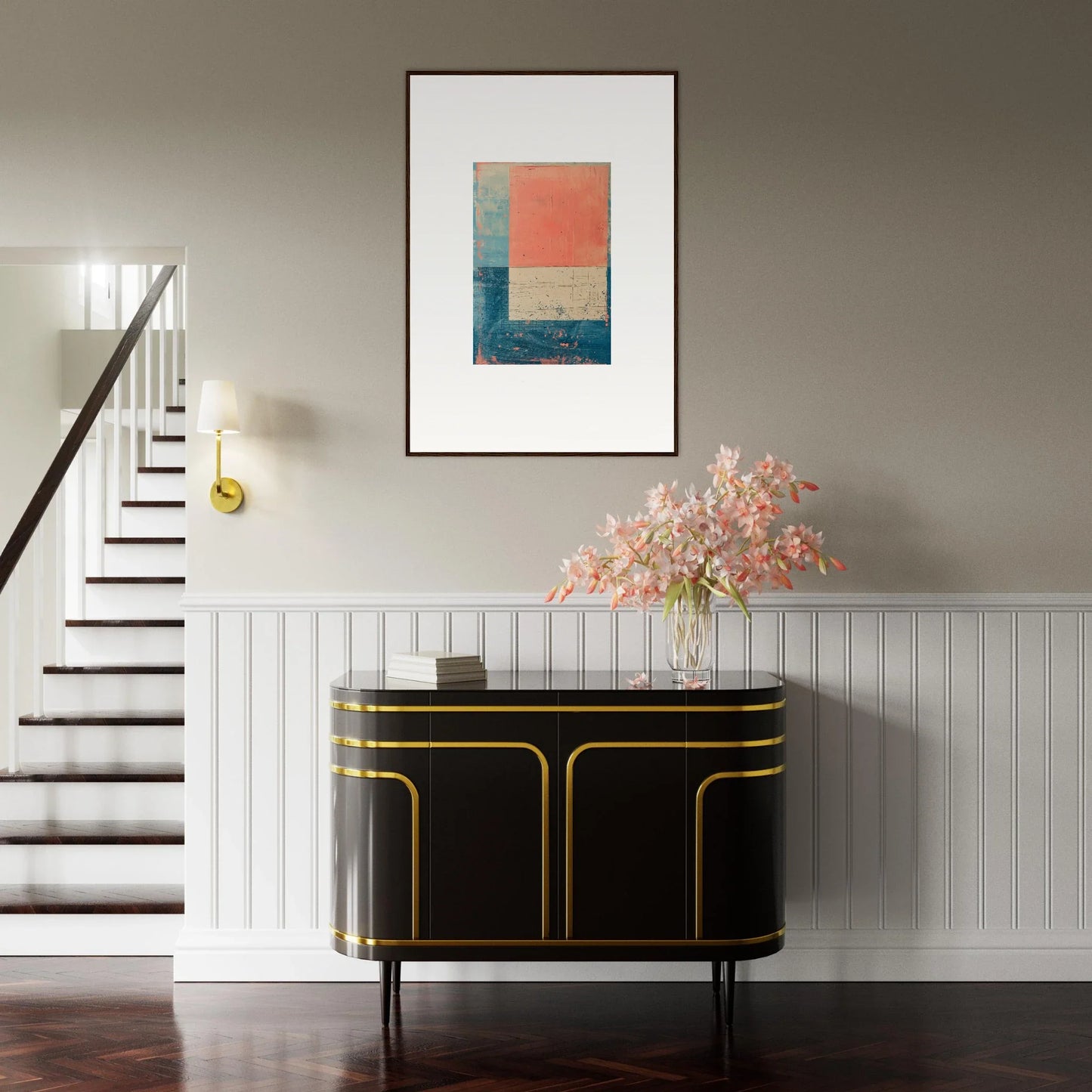 Elegant black sideboard with gold trim, perfect for room decoration and Palette Whispers theme