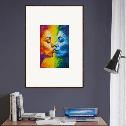 Colorful abstract painting of two faces about to kiss, perfect for room decoration