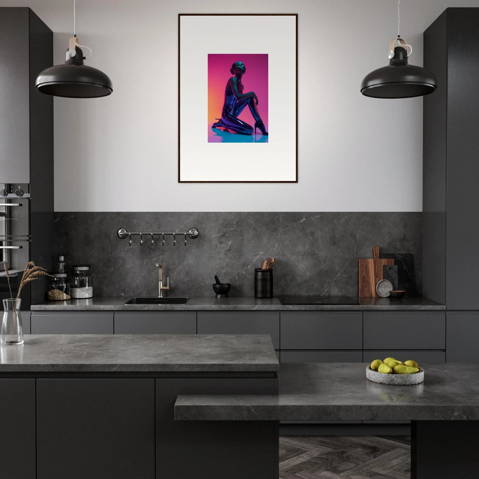 Modern kitchen with dark cabinetry and Neon Vortex canvas print for stylish room decoration