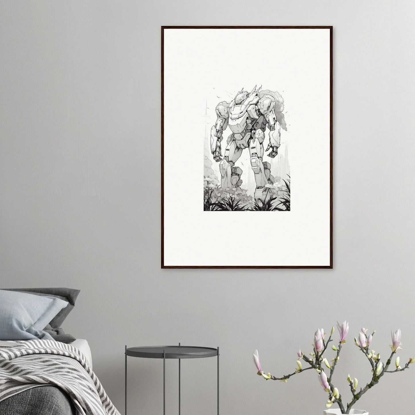 Framed black and white sketch of a winged robotic figure for cool Sky Alchemy room decoration