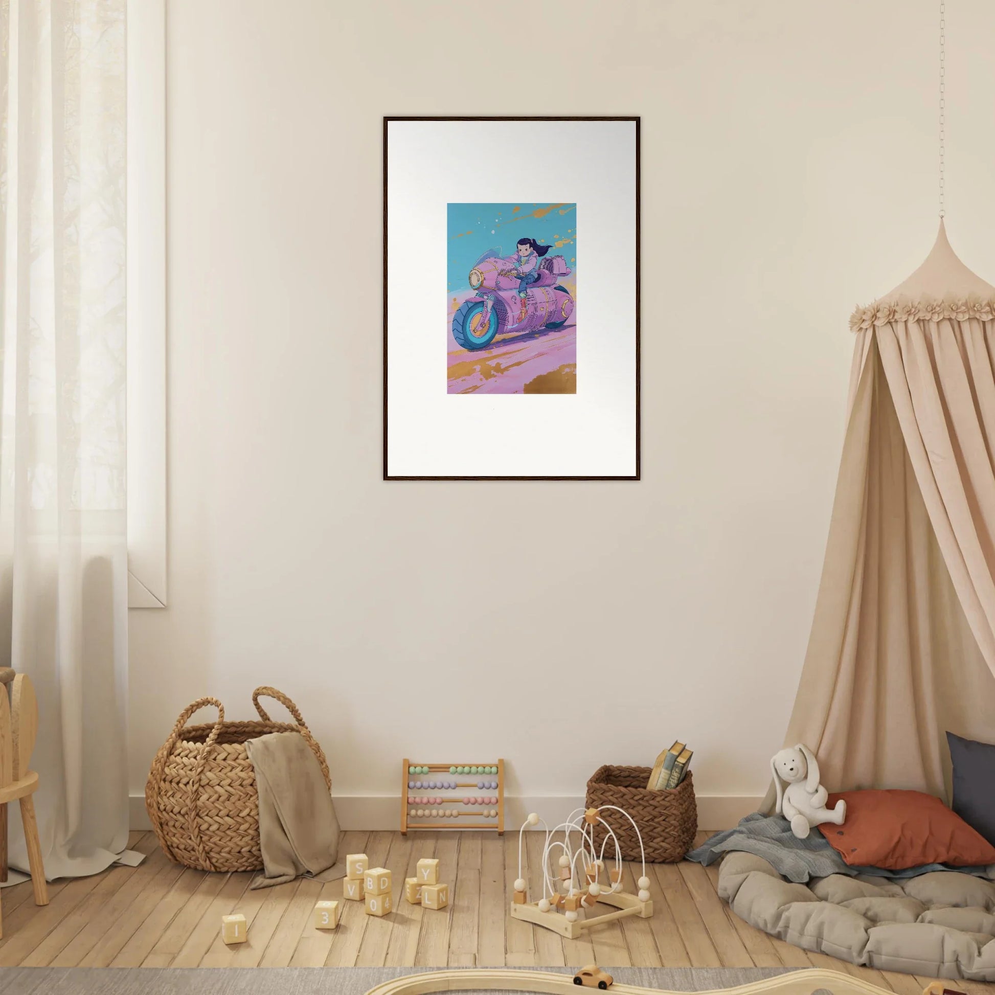 Framed canvas print of a cartoon character on a pink motorcycle for cool room decoration