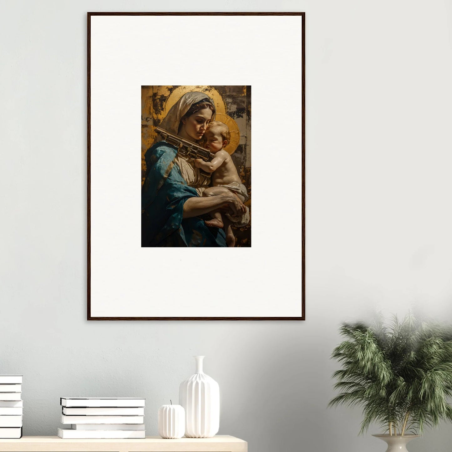 Framed canvas print of a woman with a baby in warm tones for loving sentinence room decoration