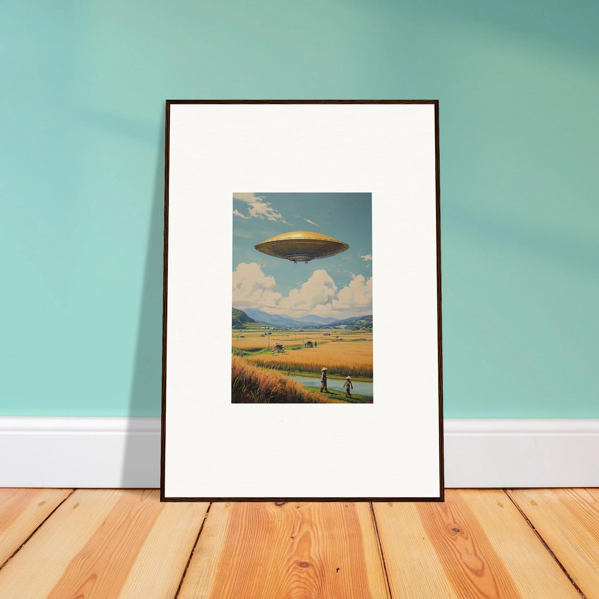 Framed canvas print of a UFO in a rural scene, perfect for quirky room decoration