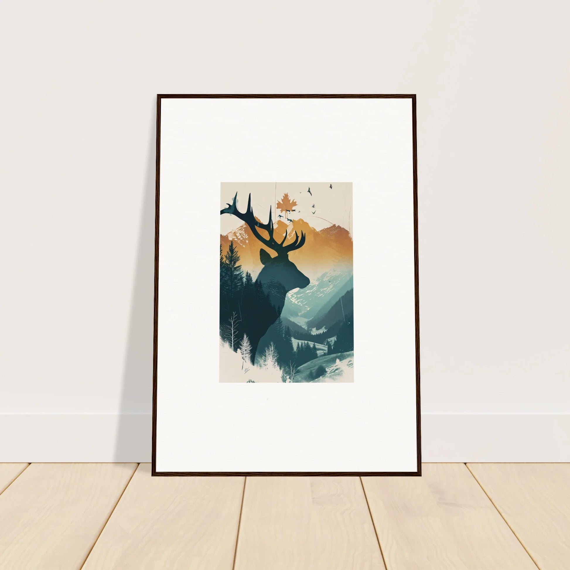 Framed canvas print of a stag haze silhouette against mountains for room decoration