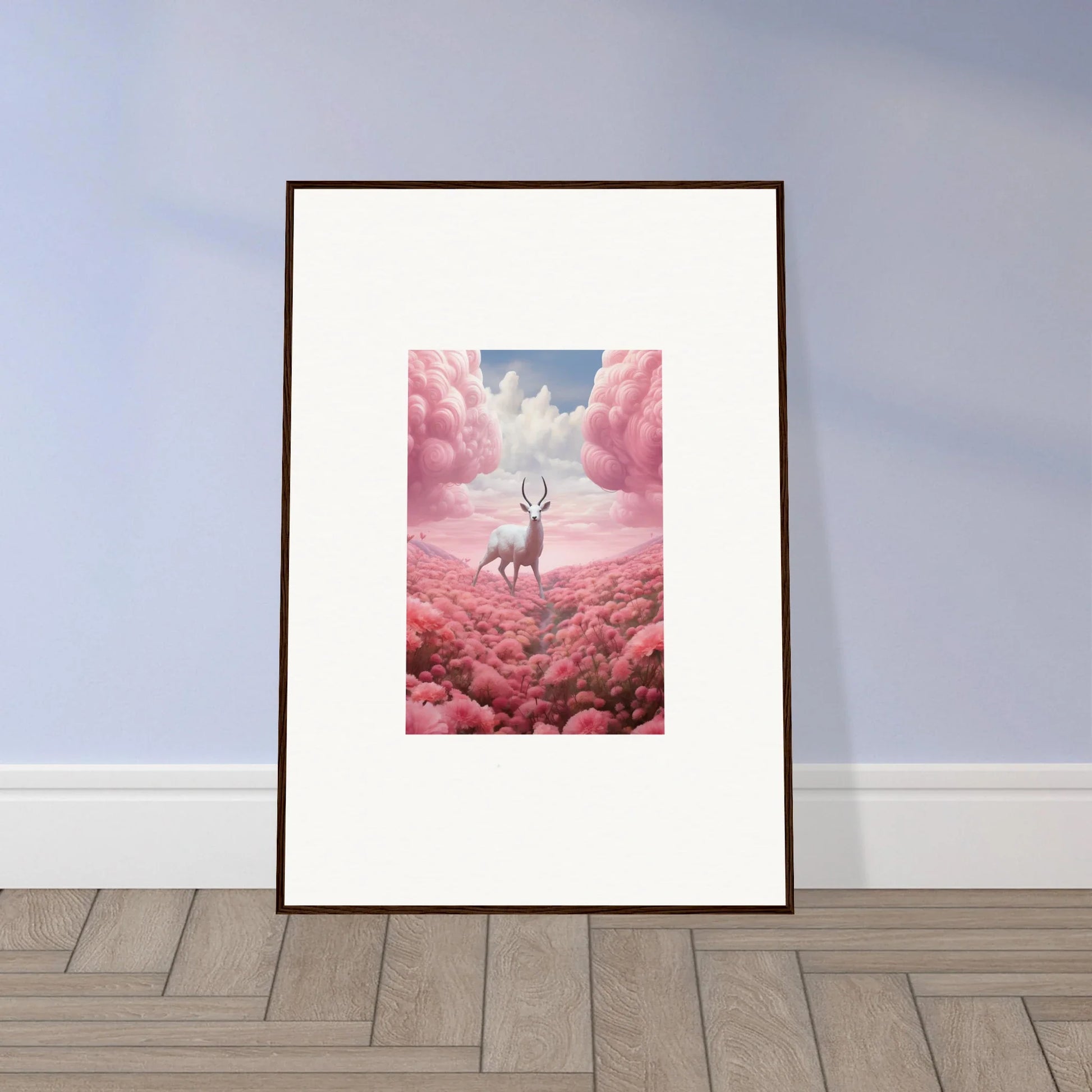 Framed canvas print of a deer in pink clouds, perfect for berry collision room decoration