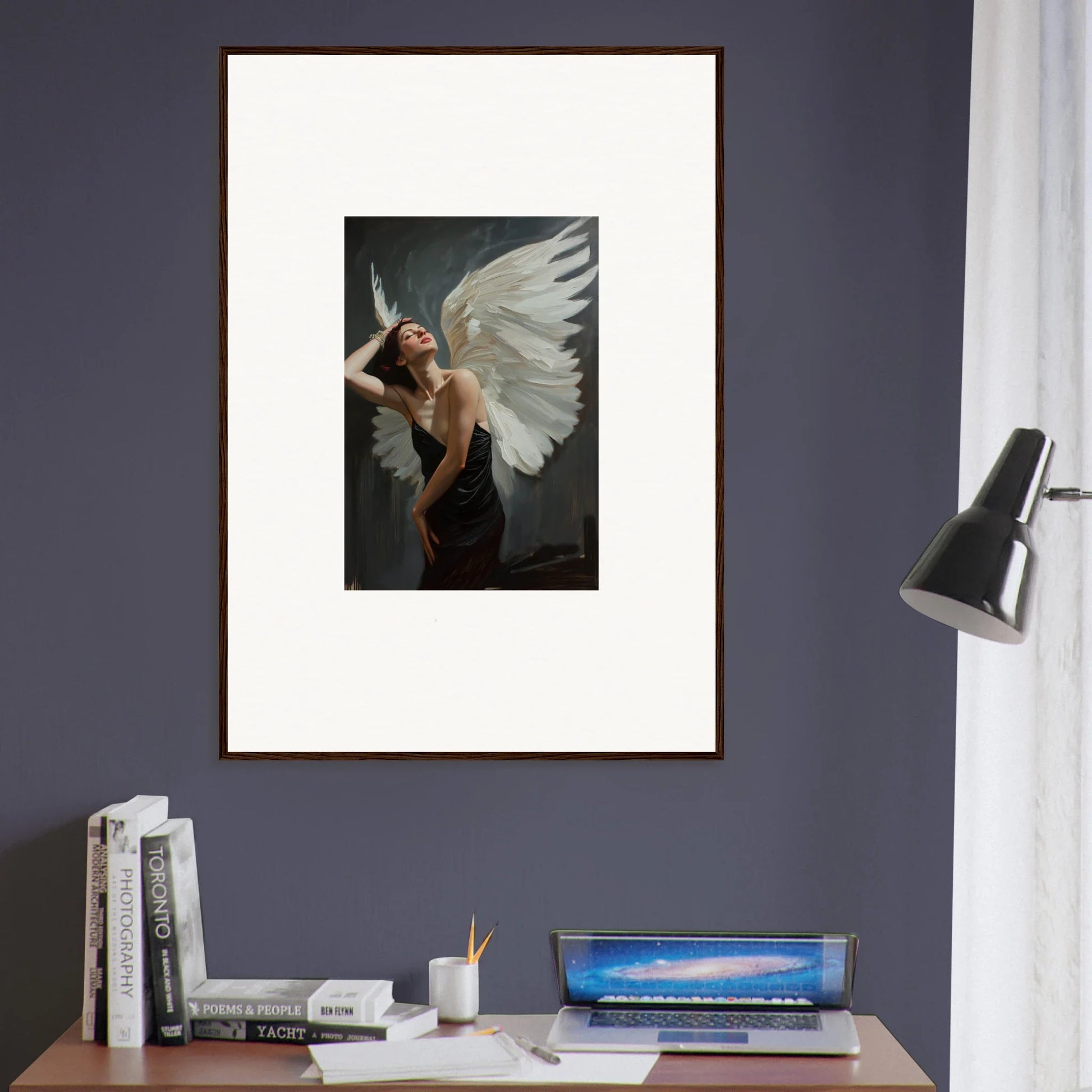 Framed canvas print of a figure with white wings for chic femme ascent room decoration