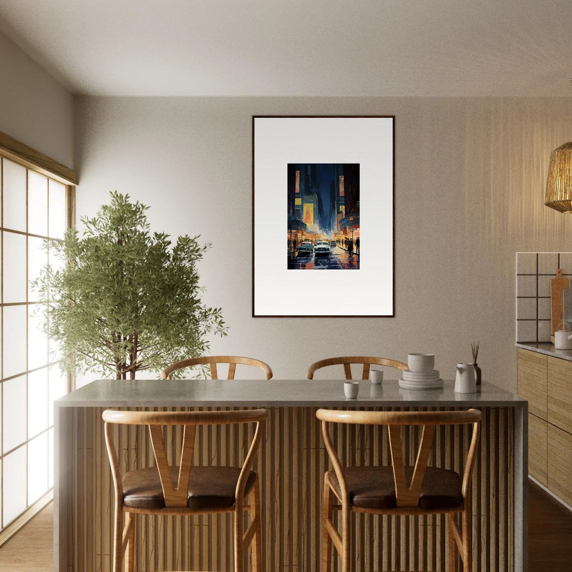 Dining table with wooden chairs and a potted tree for stylish room decoration