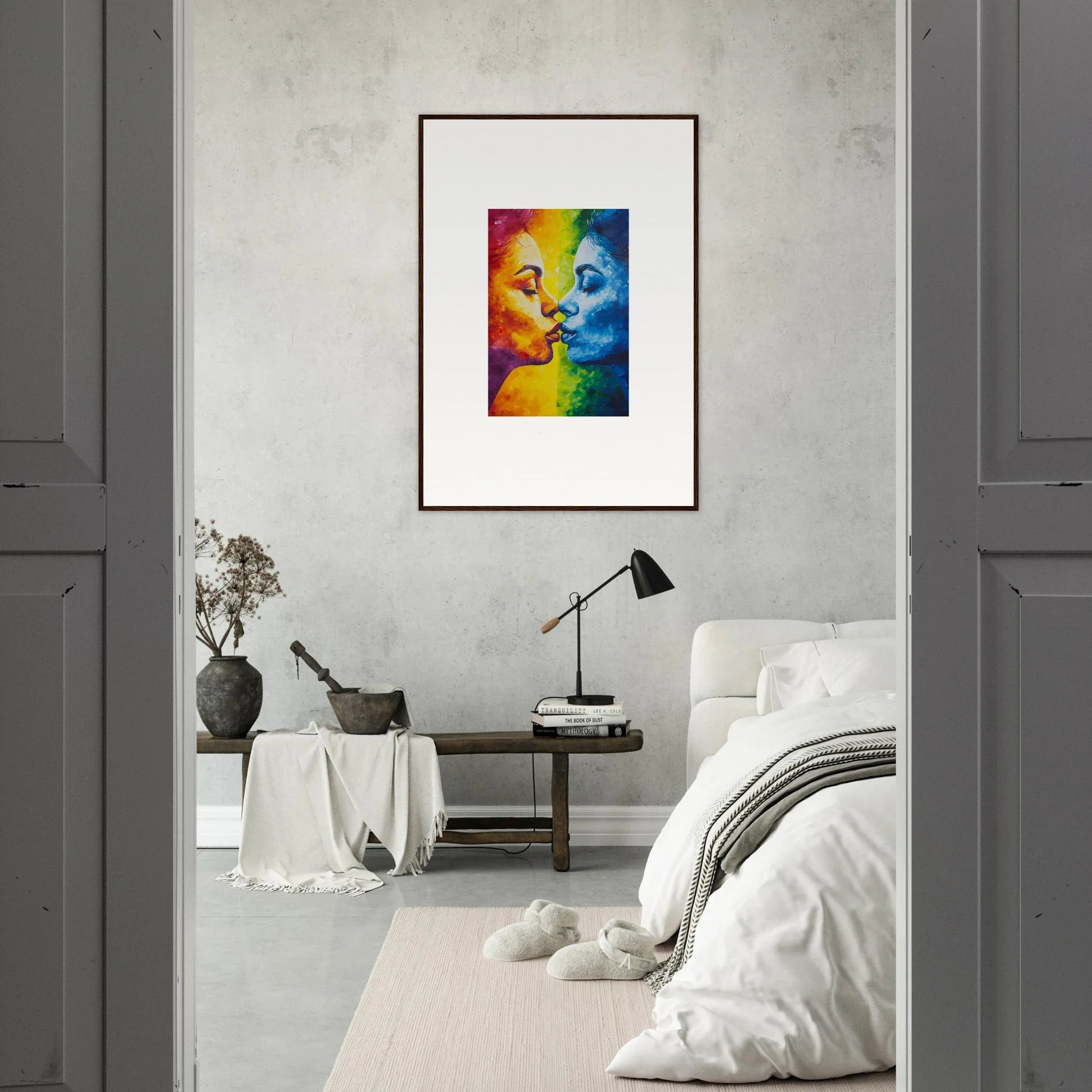 Framed colorful portrait in rainbow halves for a vibrant room decoration canvas print