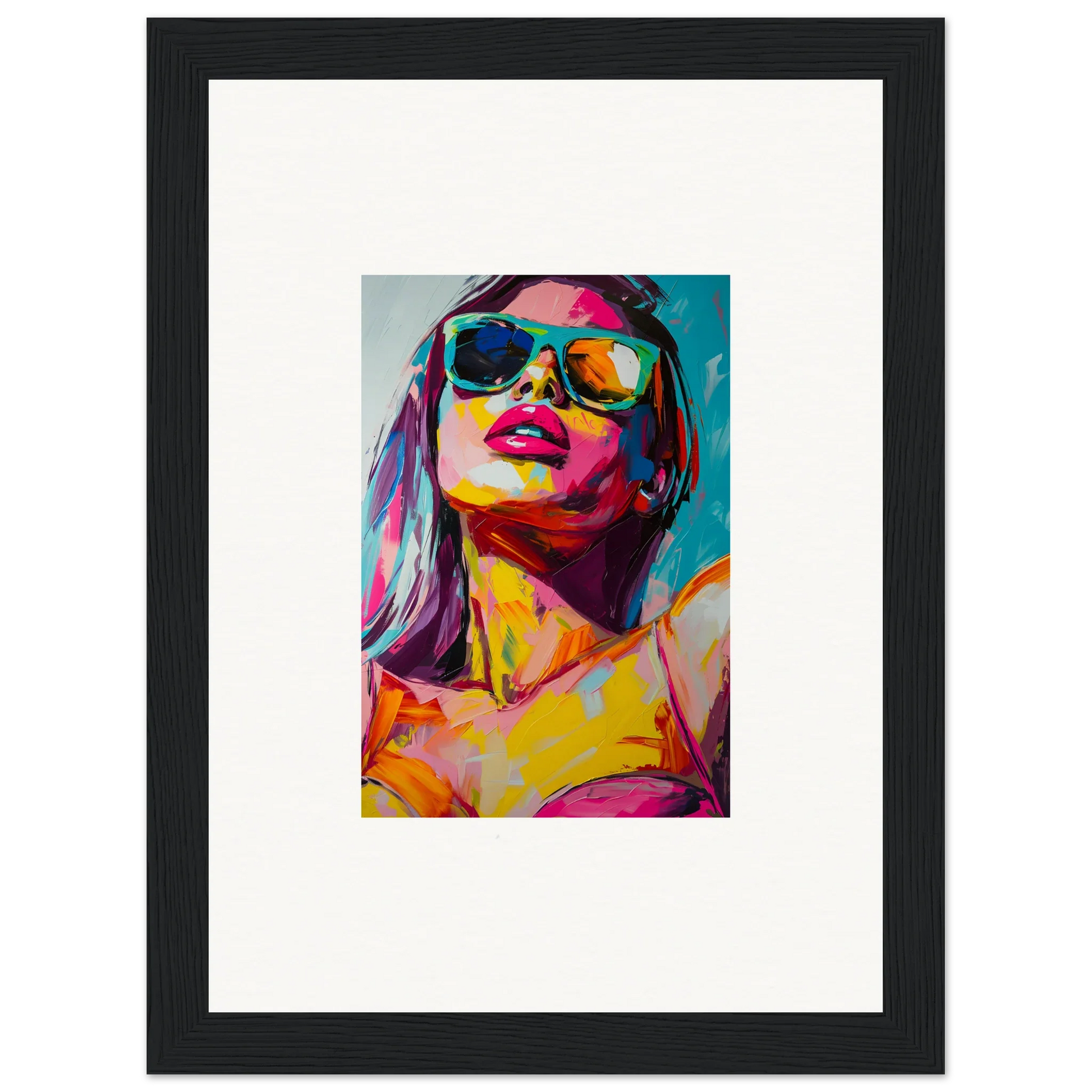 Colorful pop art portrait of a woman in sunglasses for a trendy room decoration canvas print