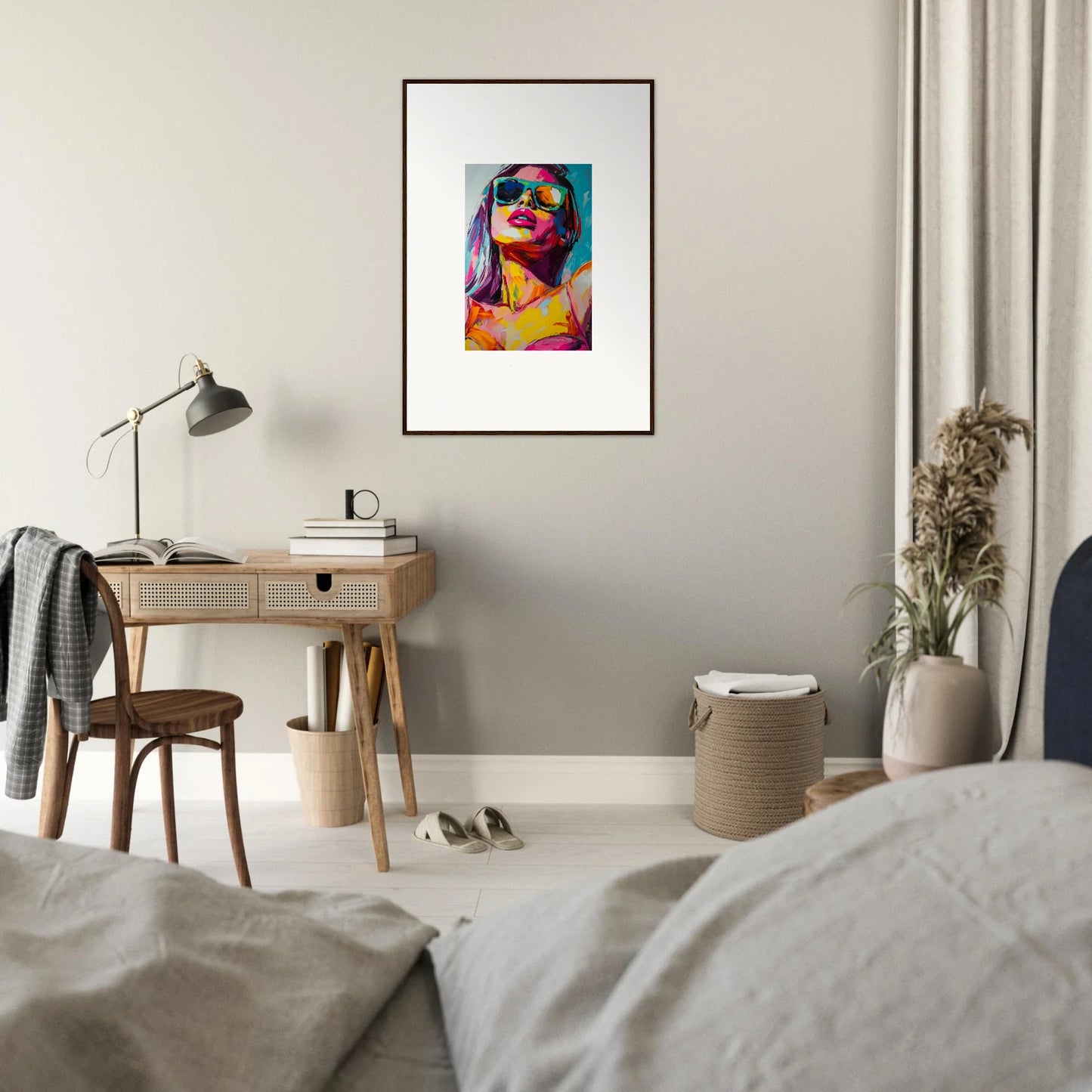 Colorful canvas print in a black frame for room decoration, featuring Neon Glance Whisper