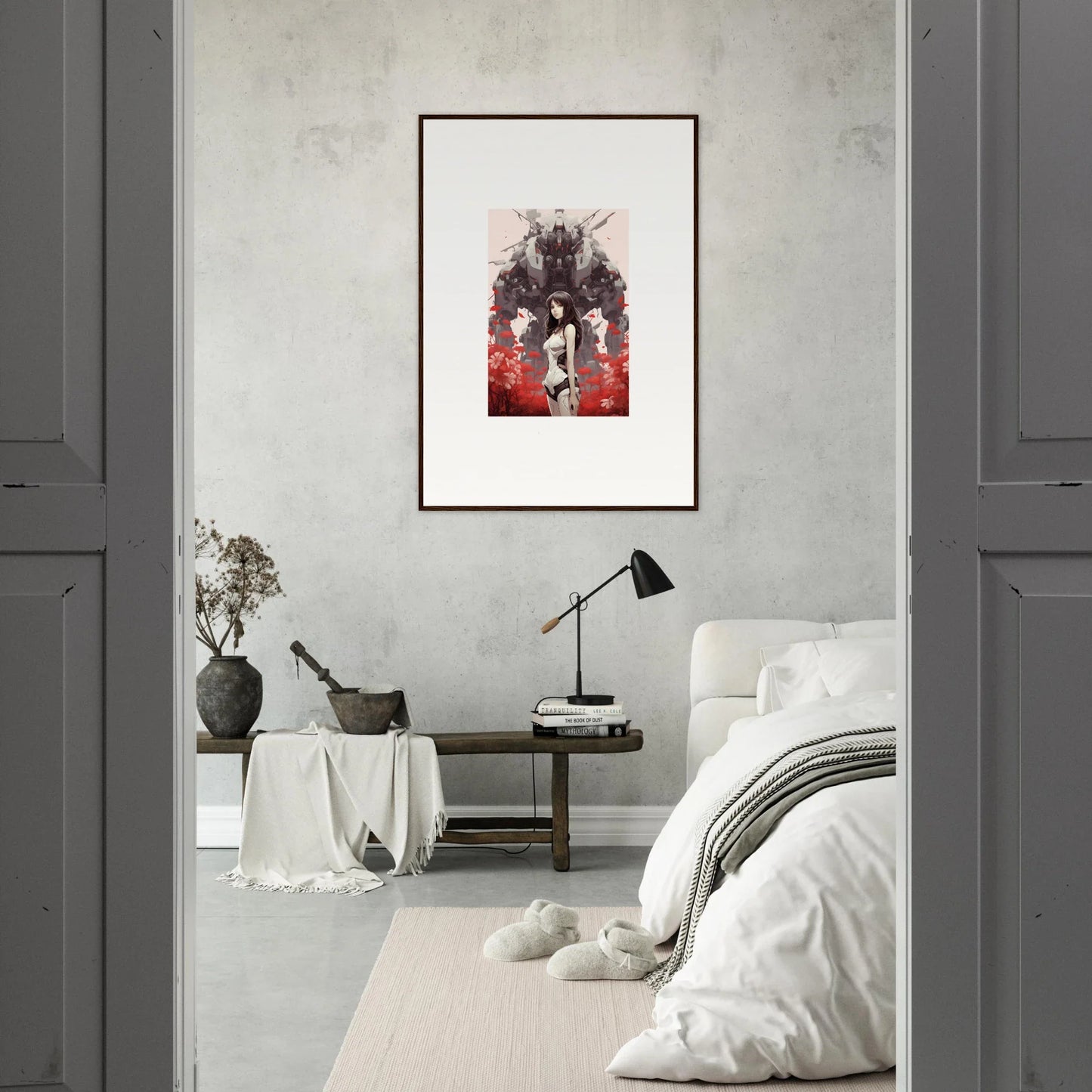 Framed canvas print of Mechanical Amour Reverie in a bold red landscape