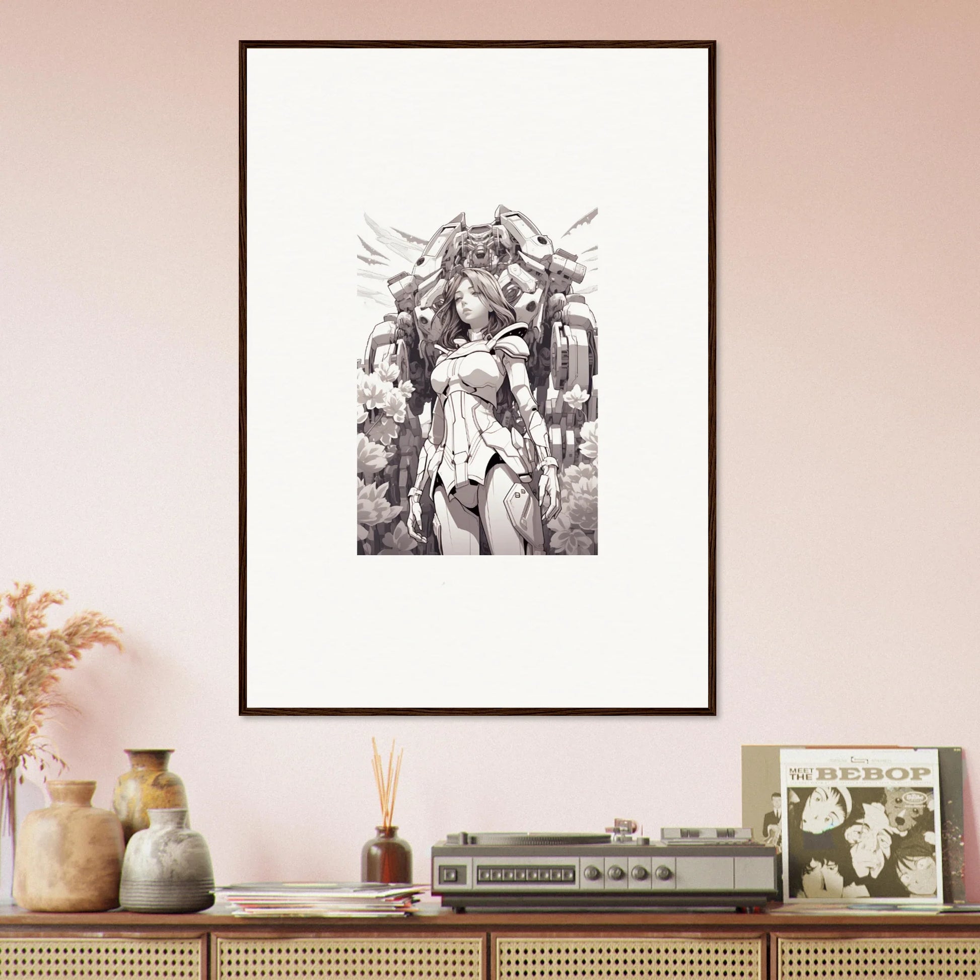 Framed black and white canvas print of a winged female figure for dream machine room decoration