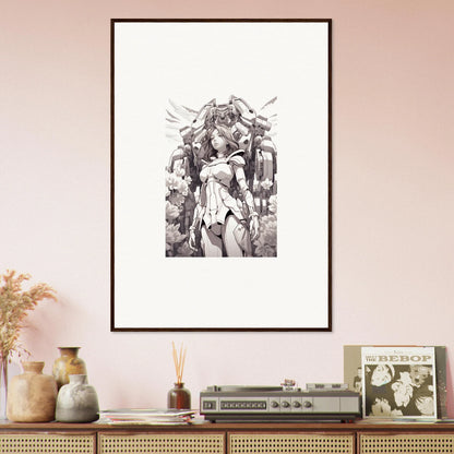 Framed black and white canvas print of a winged female figure for dream machine room decoration