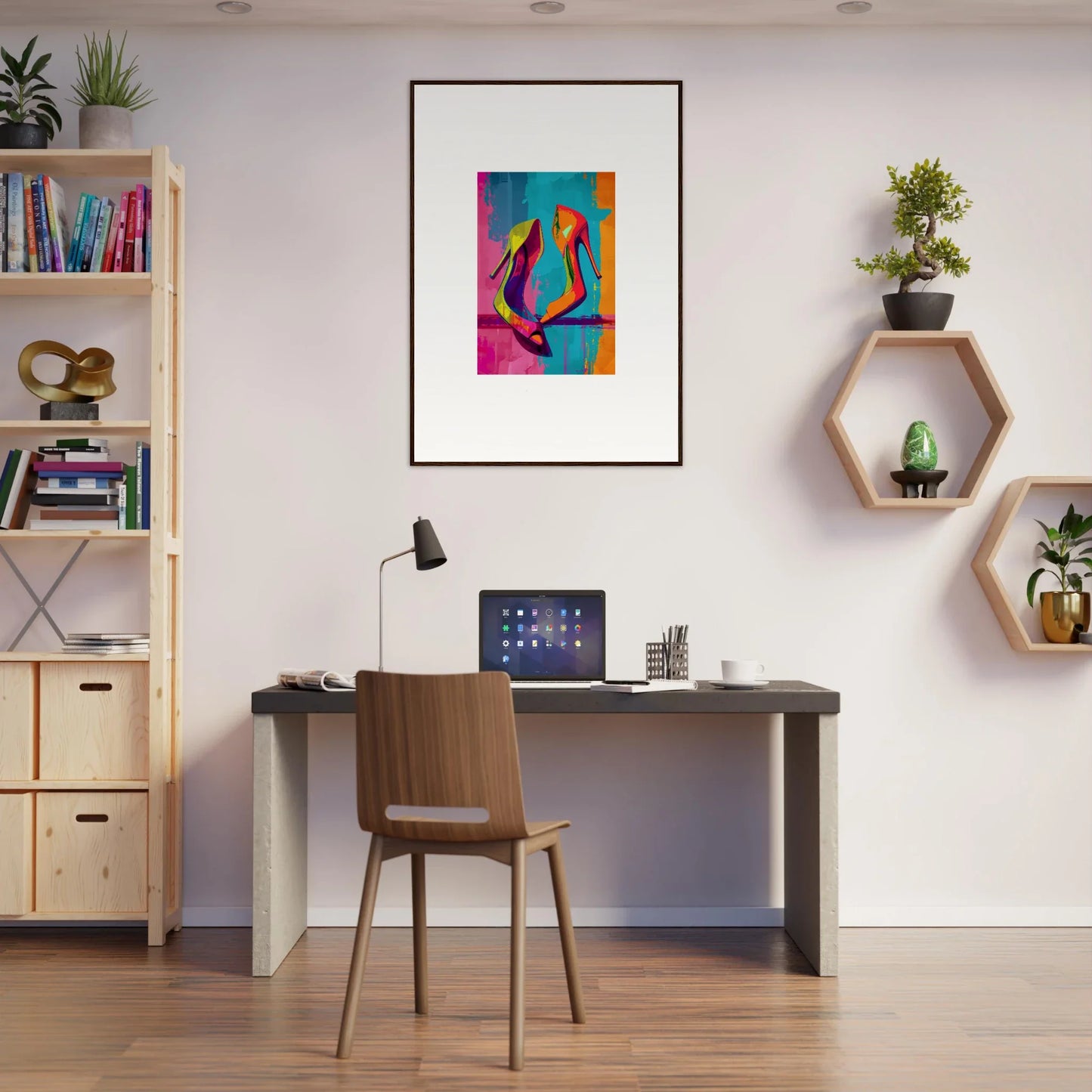 Modern home office with desk, chair, and Enigma Dance canvas print for stylish room decoration