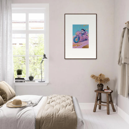 Cozy bedroom featuring a colorful cat canvas print from Paintfall Venture for room decoration