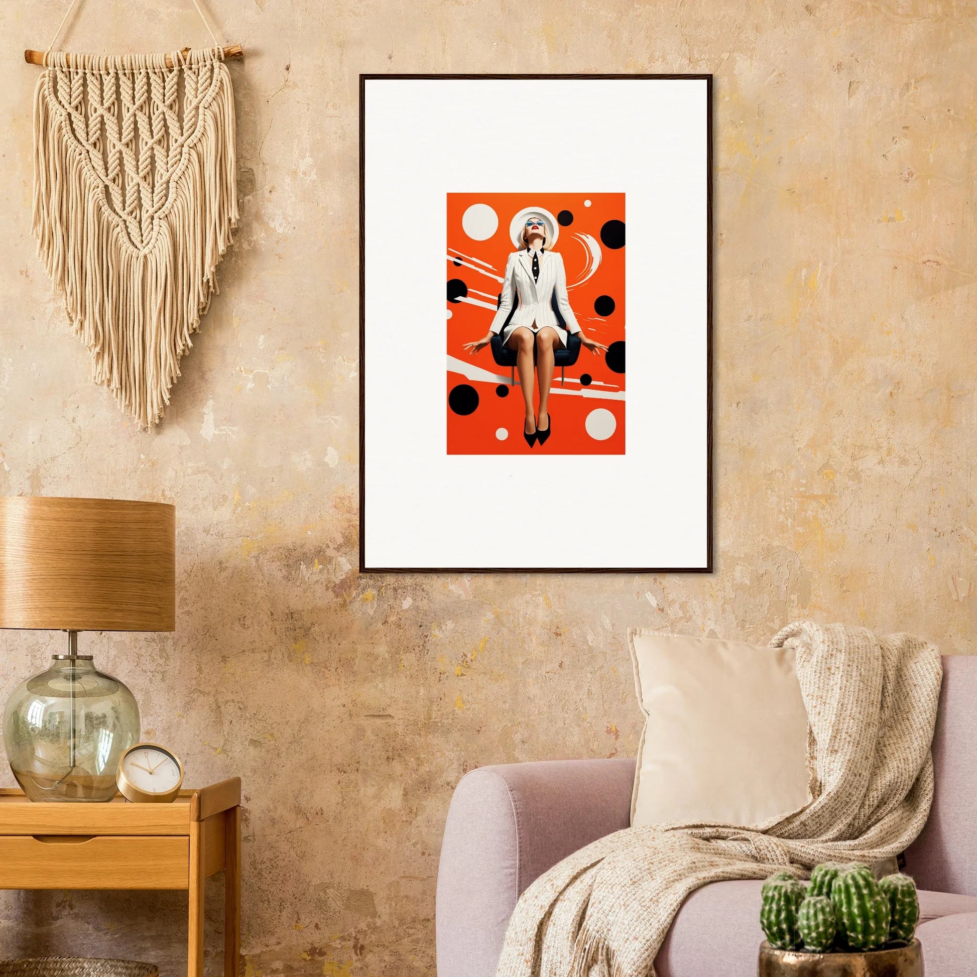 Framed retro poster of a woman in white, perfect for Ecliptic Eventsatz room decoration