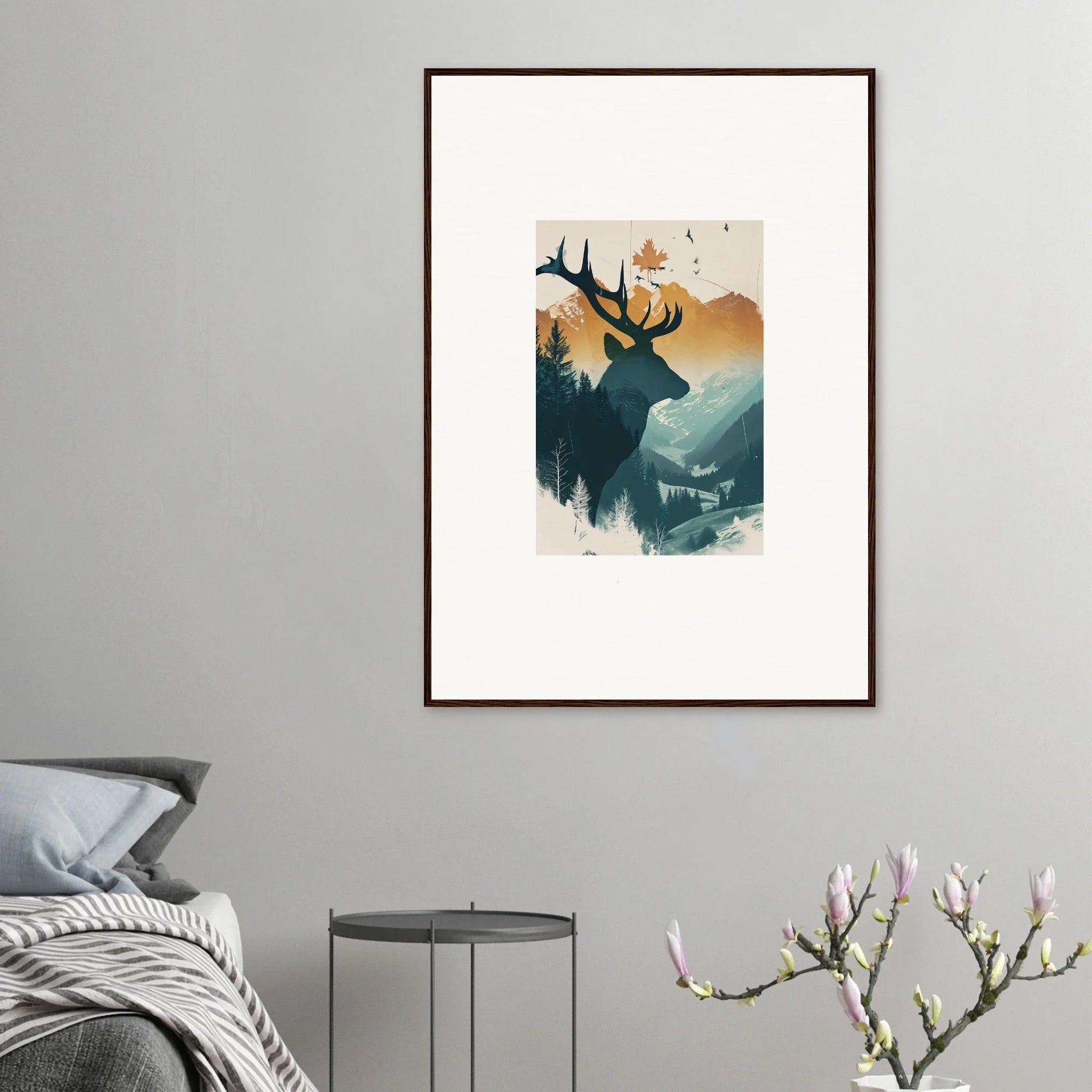 Framed canvas print of a deer silhouette with nature for stylish room decoration