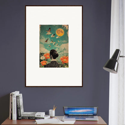 Framed canvas print of Lunar Bloom Reverie with a figure in a dreamy sky