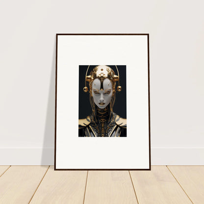 Framed canvas print of a futuristic cyborg face, perfect for unique room decoration