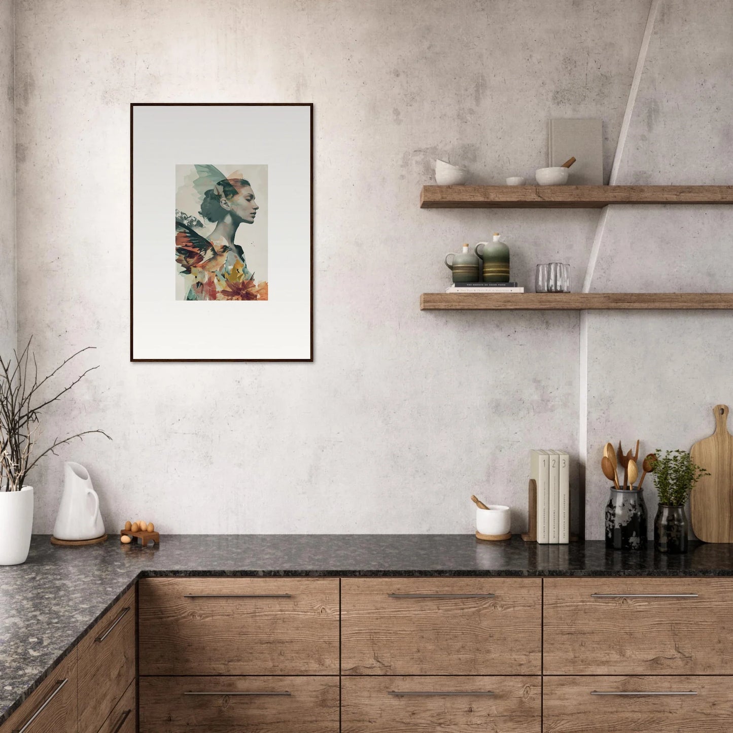 Modern kitchen with wooden cabinets, open shelves, and a canvas print of Reverie Blossom