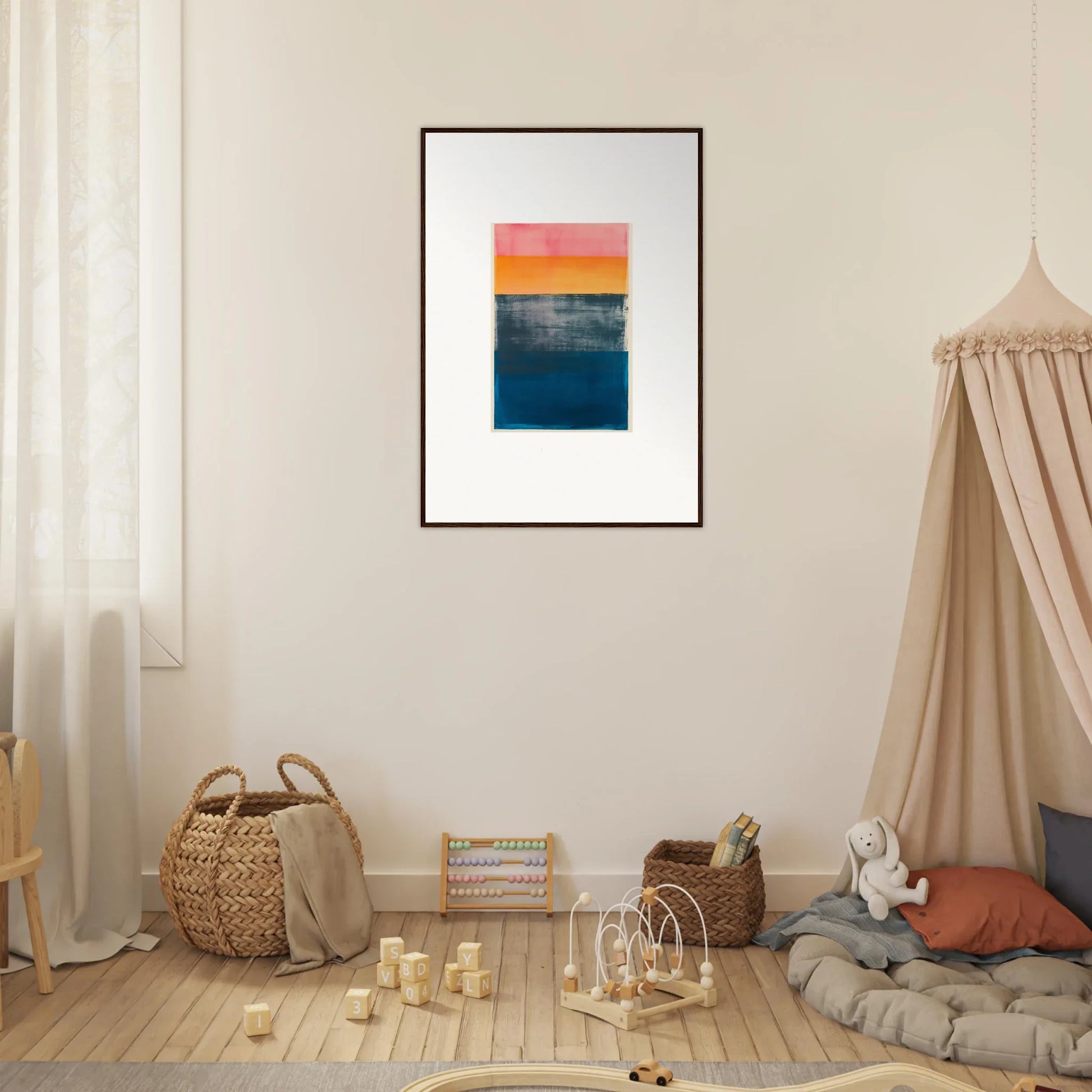 Framed abstract canvas print with orange, yellow, and blue frequencies for stylish room decoration