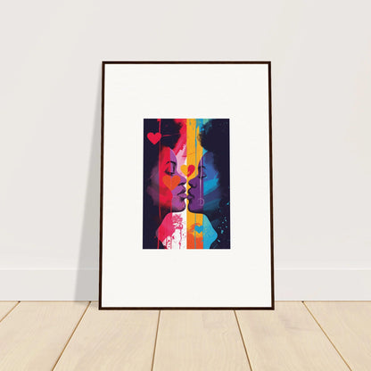 Framed canvas print featuring abstract heartwave reflection of two colorful faces about to kiss