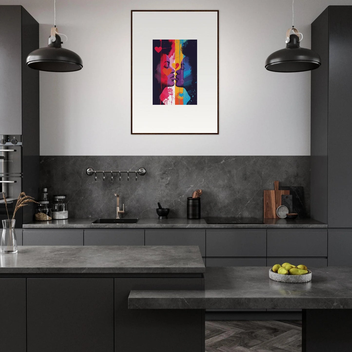 Modern kitchen with dark cabinetry and Heartwave Reflection canvas print for room decoration