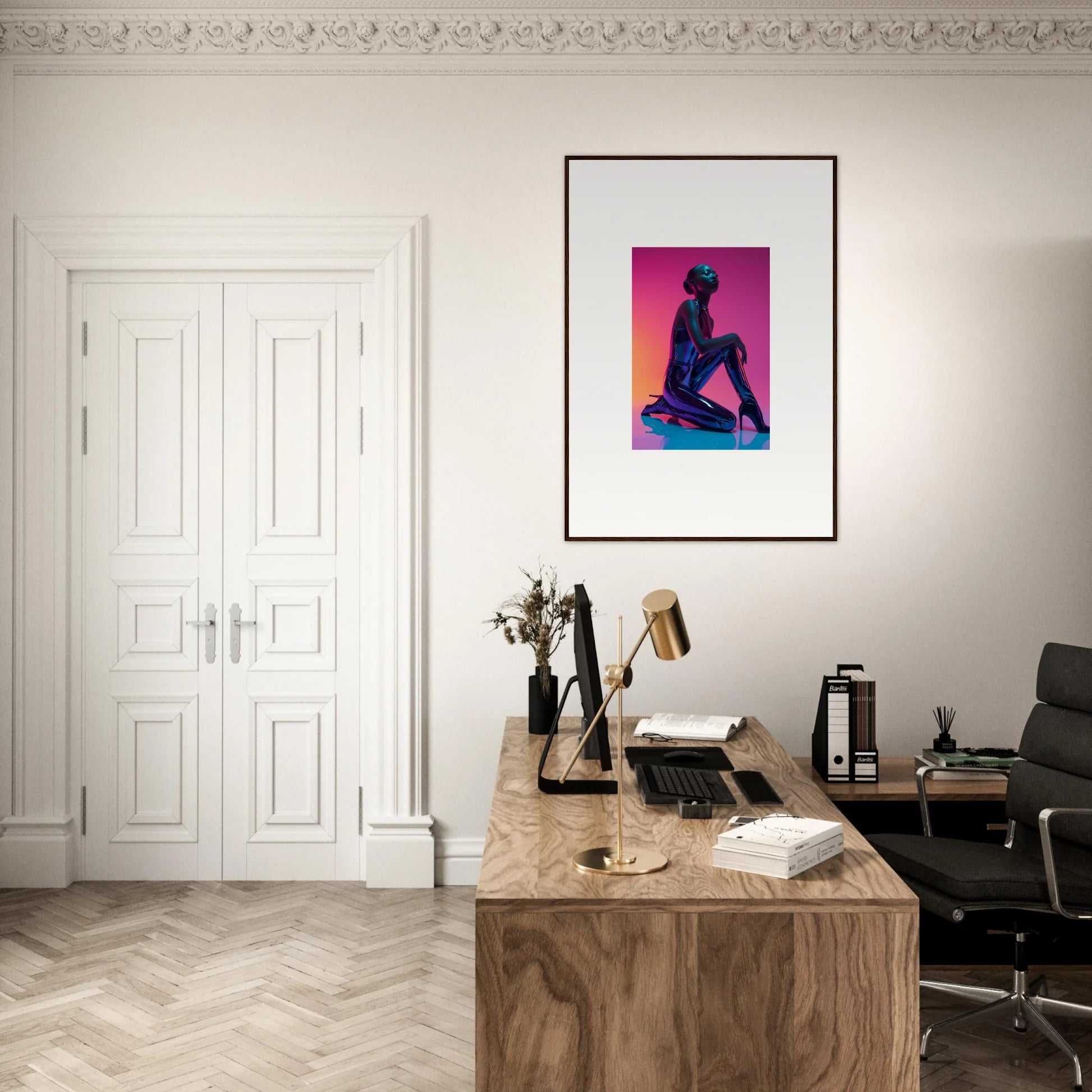 Home office setup with wooden desk, chair, and Neon Vortex canvas print decor