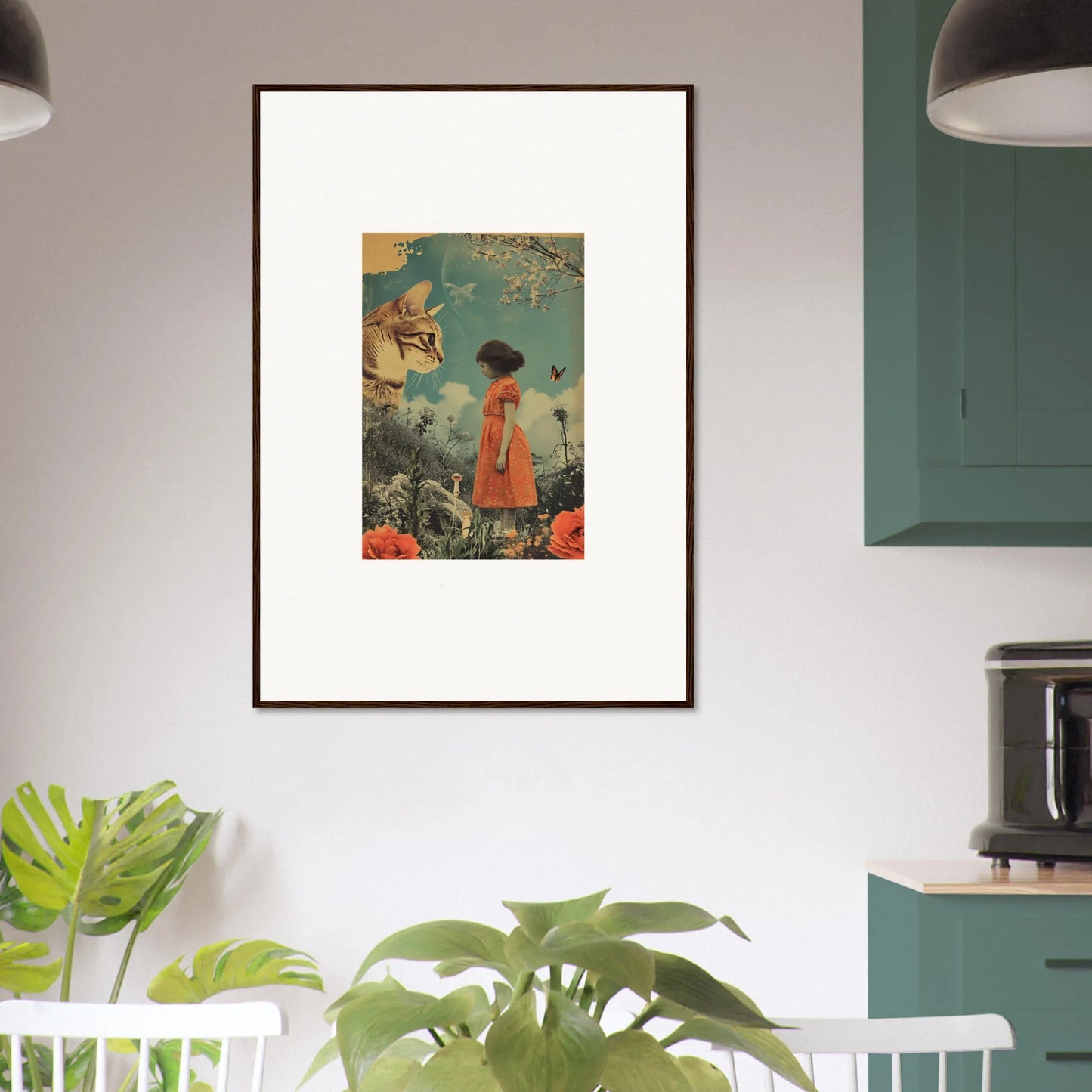 Framed canvas print of a surreal scene with a figure in a red dress for room decoration