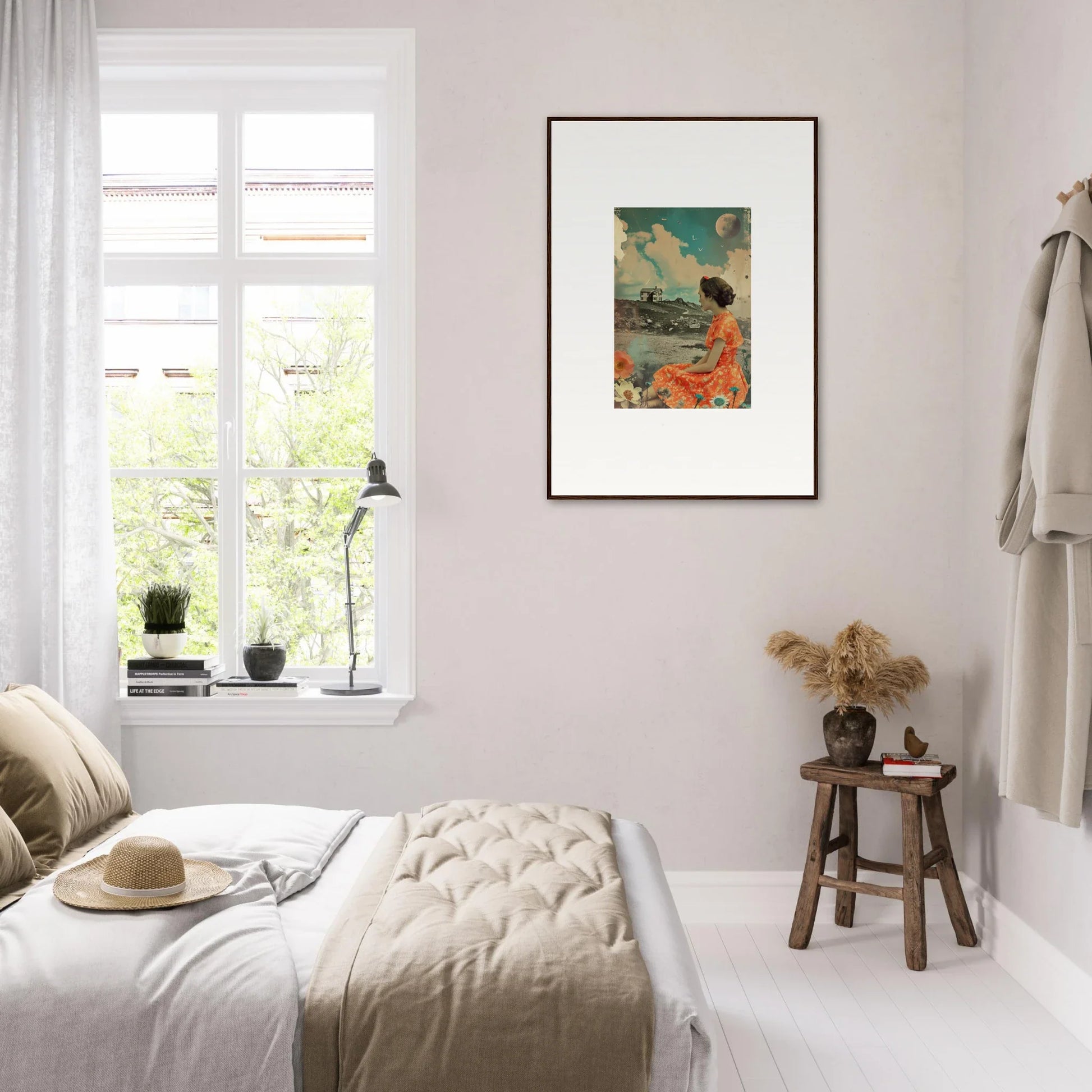 Bright bedroom with white decor and a Color Reverie canvas print for stylish room decoration