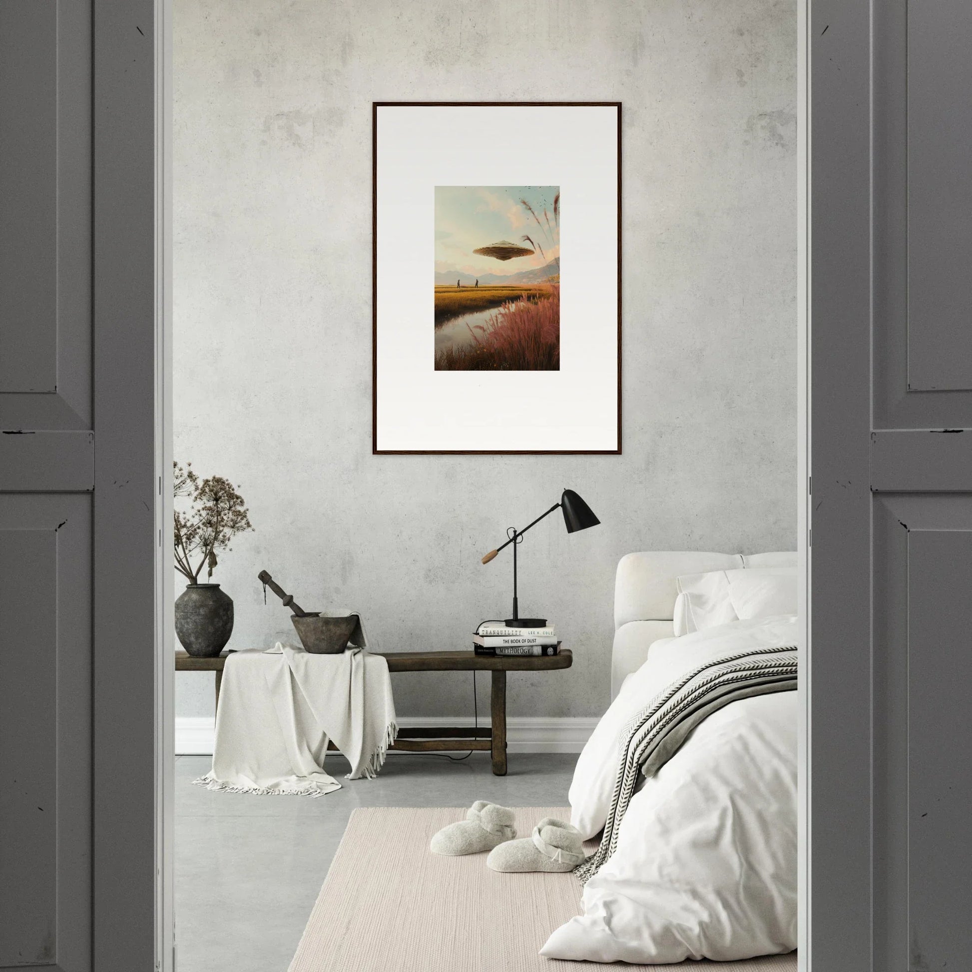 Framed wall art of a UFO over a sunset in Floating Meadow Raindancers for room decor