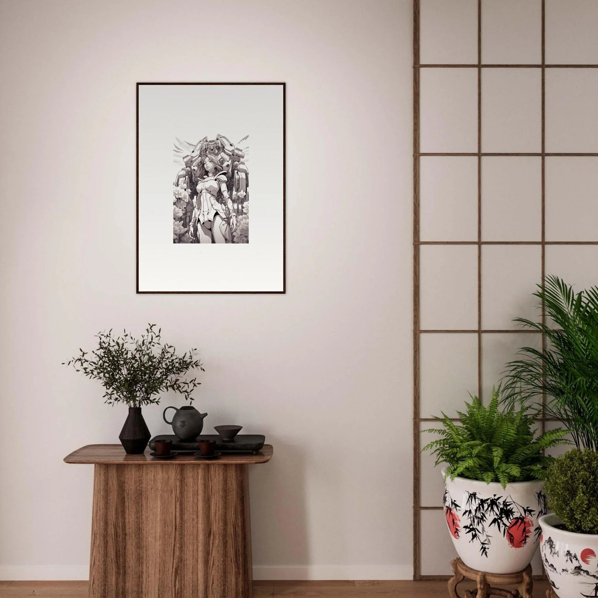 Framed black and white canvas print of a figure with stunning hair for dream machine decor