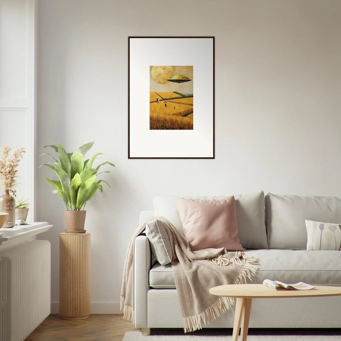 Framed canvas print of a UFO over a golden melancholy field for unique room decoration