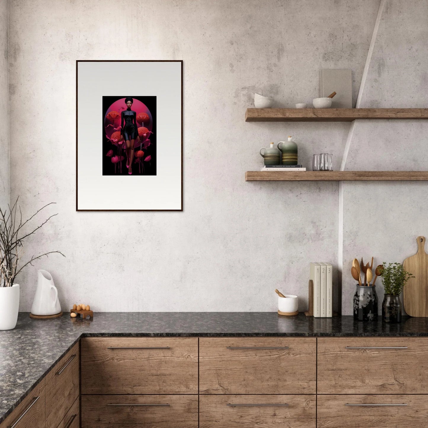 Framed canvas print of Tribal Reverie with a silhouetted figure on a red background