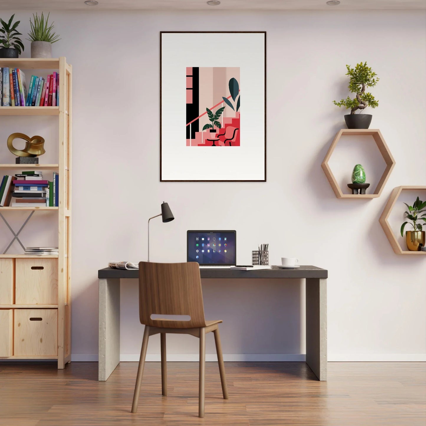 Home office workspace featuring stylish desk, chair, and wall decor for a daydream expression