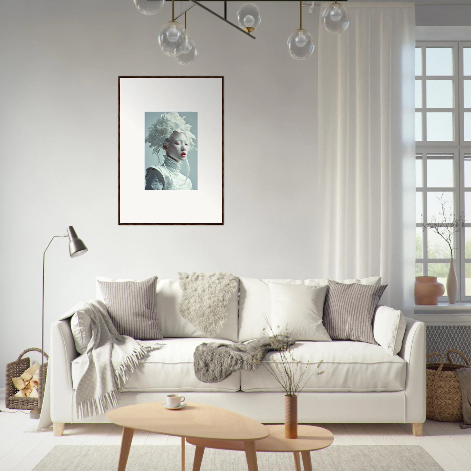 Cozy white sofa with pillows and blankets for perfect room decoration in Ethereal Petal Visions