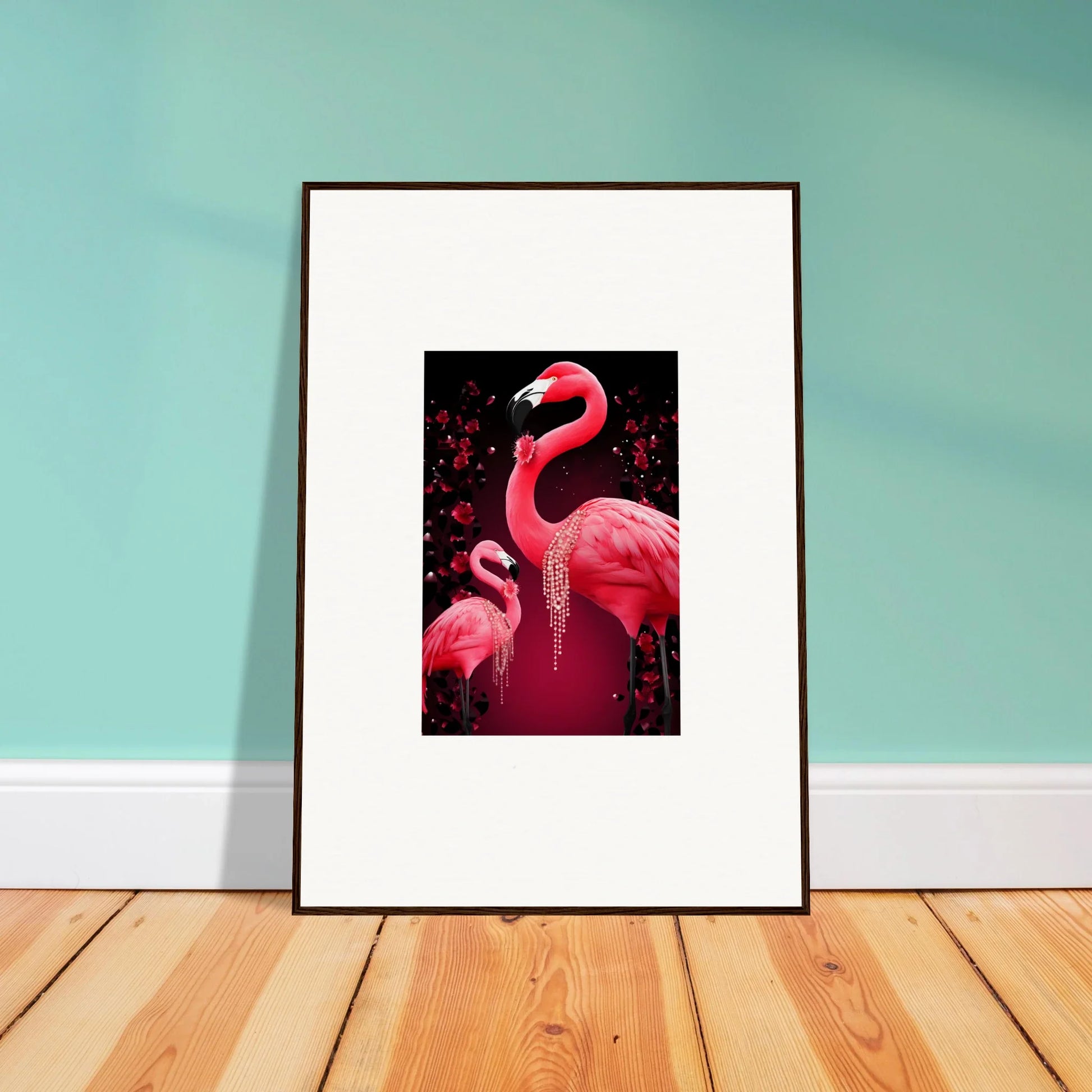 Framed wall art of two pink flamingos on dark background for stylish room decoration