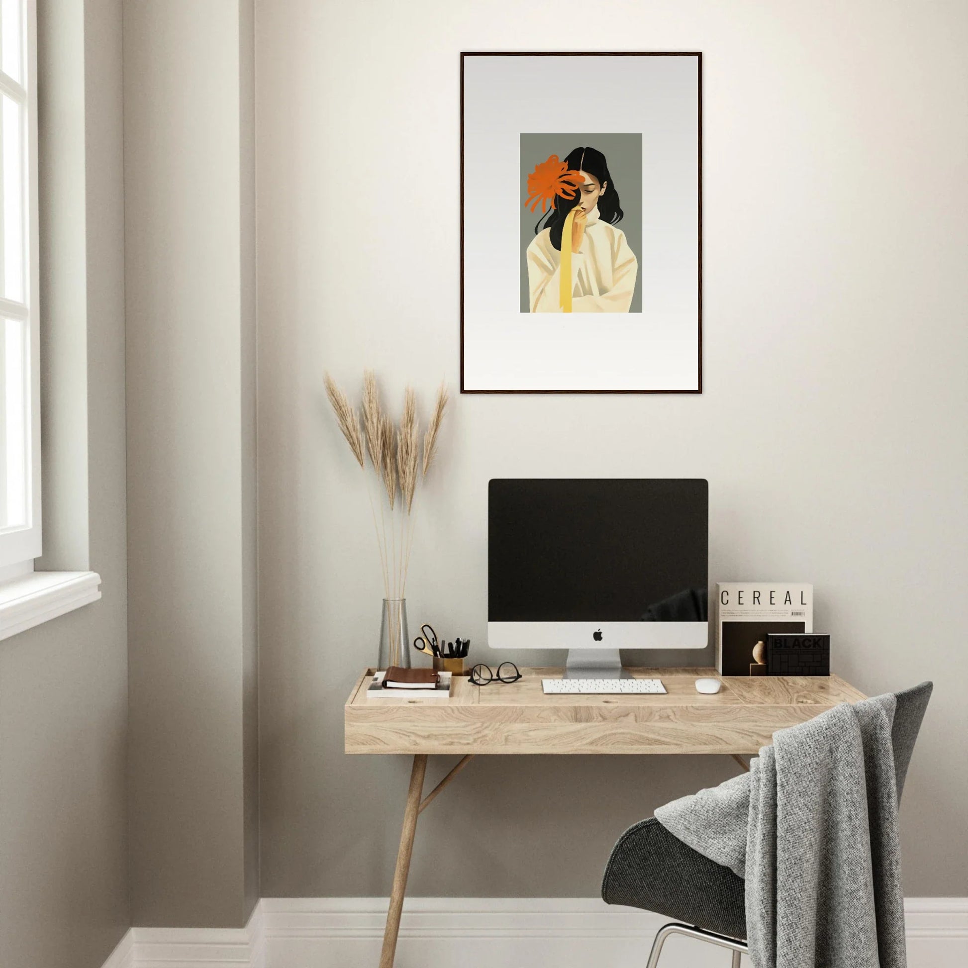 Minimalist home office with wooden desk, computer, and Flower Dreams Eternity canvas print