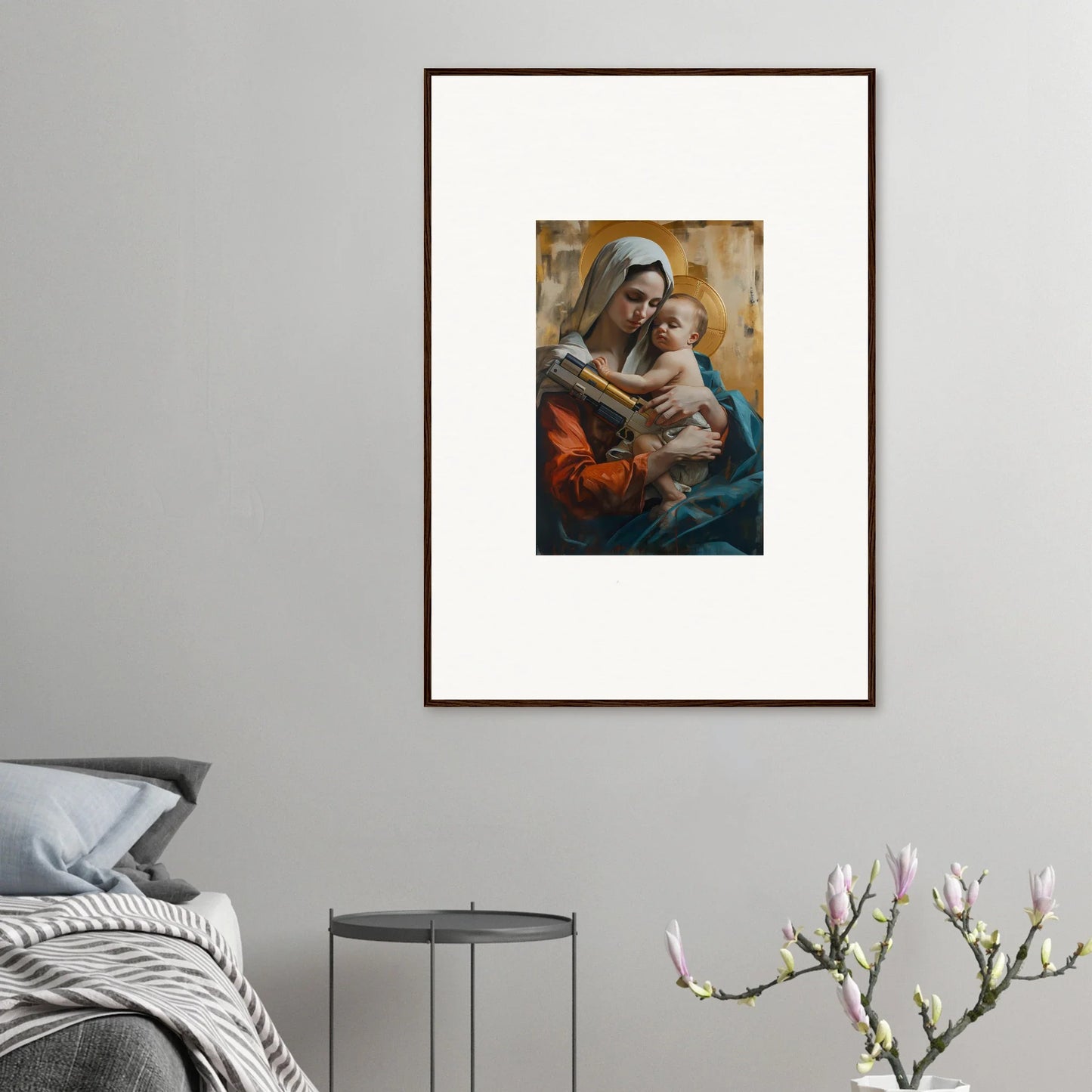 Framed canvas print of a woman with a baby, perfect wall art for room decoration