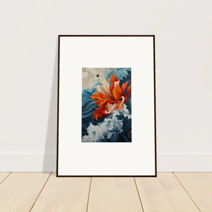 Framed canvas print of a vibrant goldfish in blue swirls, perfect for Petal Odyssey decor