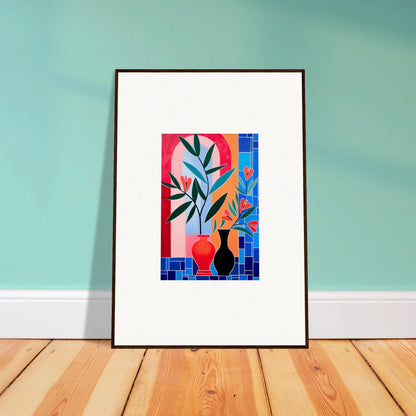 Framed wall art of colorful abstract still life with ceramic blooms for room decor