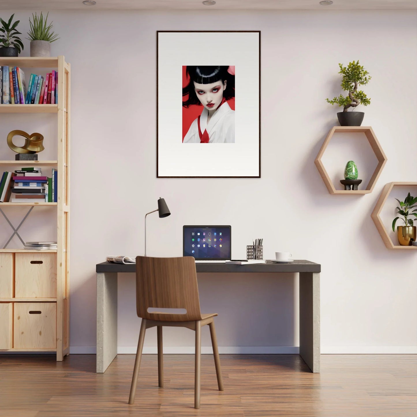 Home office setup with a cherry dream desk, stylish chair, and cool wall art