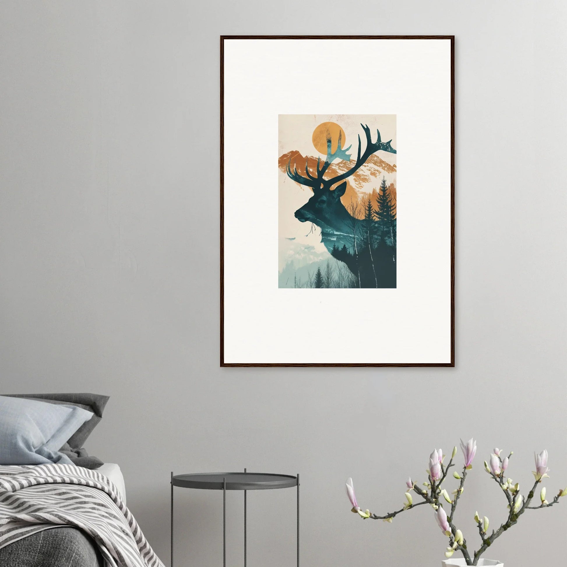 Framed canvas print of a deer silhouette with a nature scene, perfect for Mirage Visions room decoration