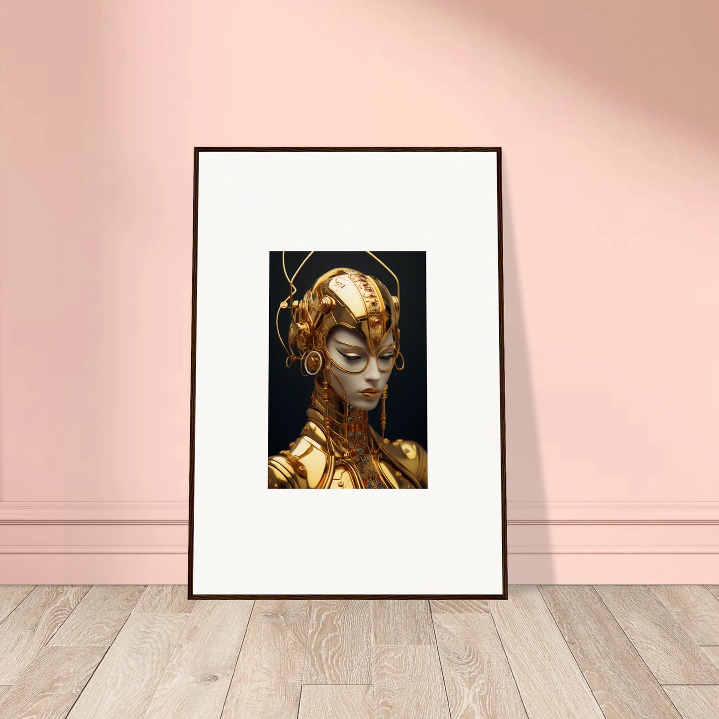 Framed canvas print of a golden humanoid in Machine Moulin Mystique for unique room decoration