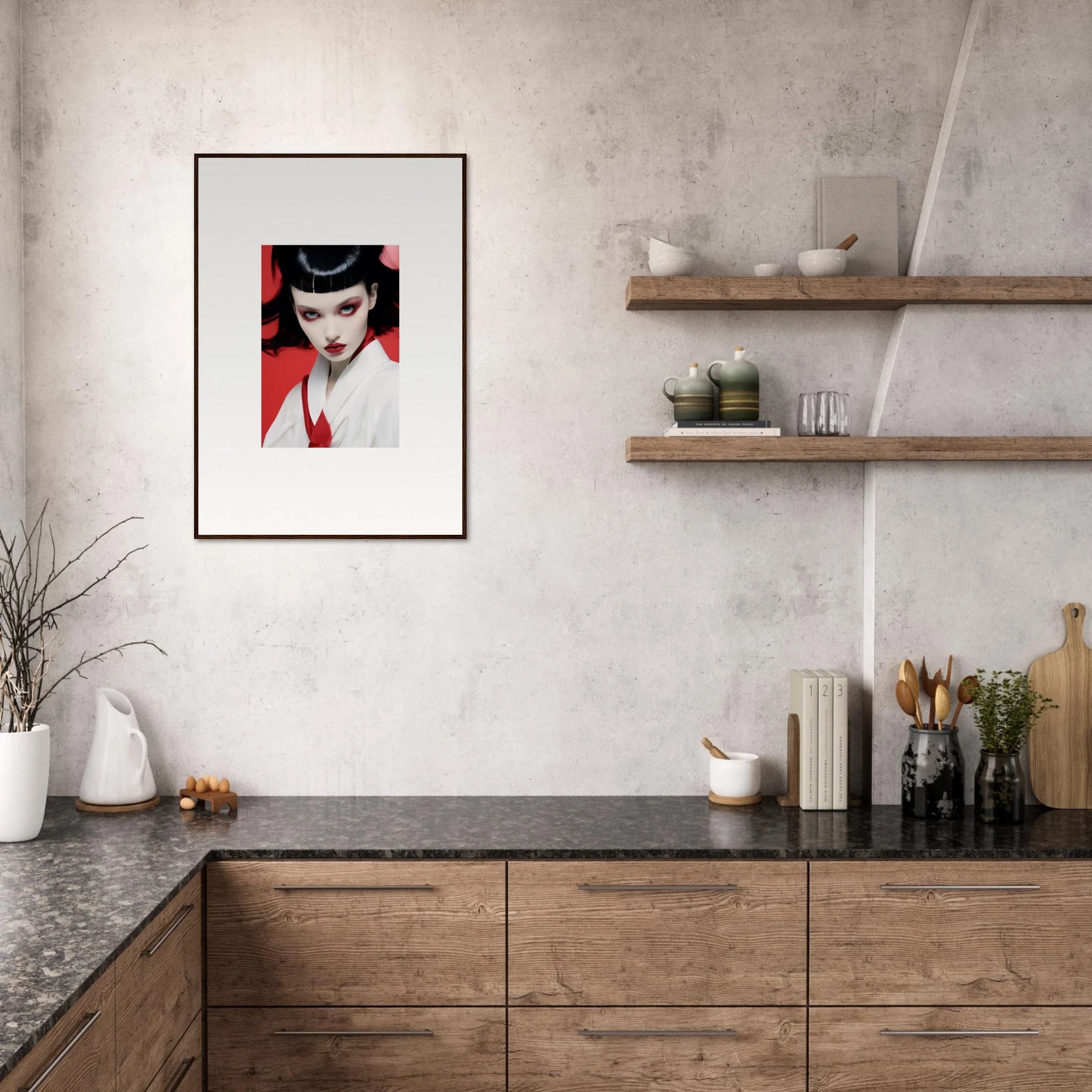 Framed portrait of a woman in red and black, perfect for cherry dream room decoration