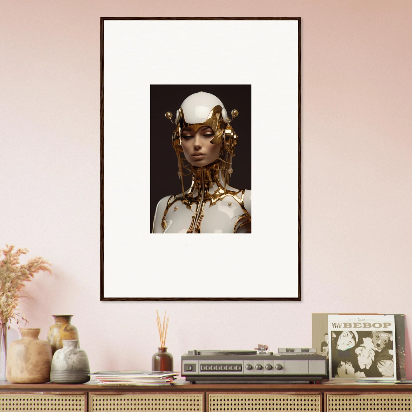 Framed canvas print of a figure with a white helmet for unique wall art and room decoration