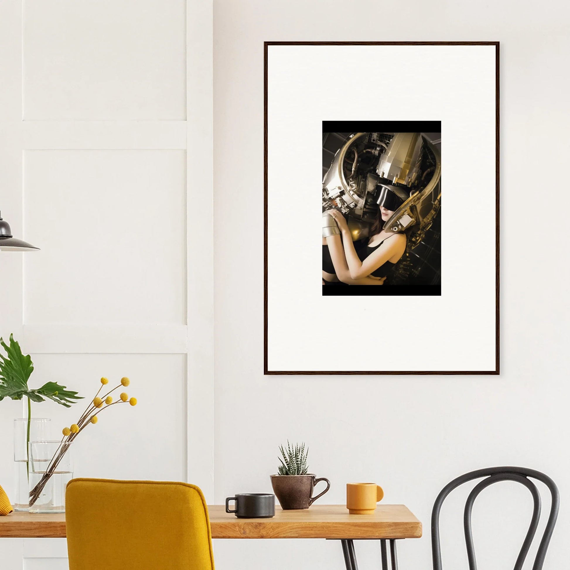 Framed photograph of a person in a gold helmet, perfect for unique room decoration wall art